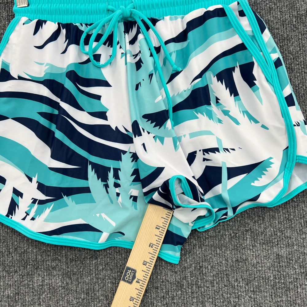 Summer Mae Swim Shorts Women 10 Teal Palm Drawstring Beach Tropical Vacation - Picture 3 of 8